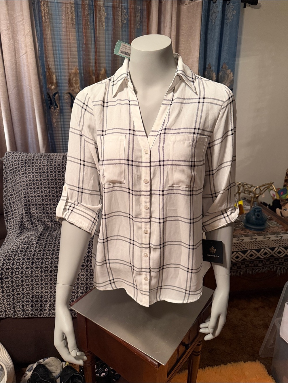 Women's White Plaid Button-Up Shirt with Roll-Tab Sleeves